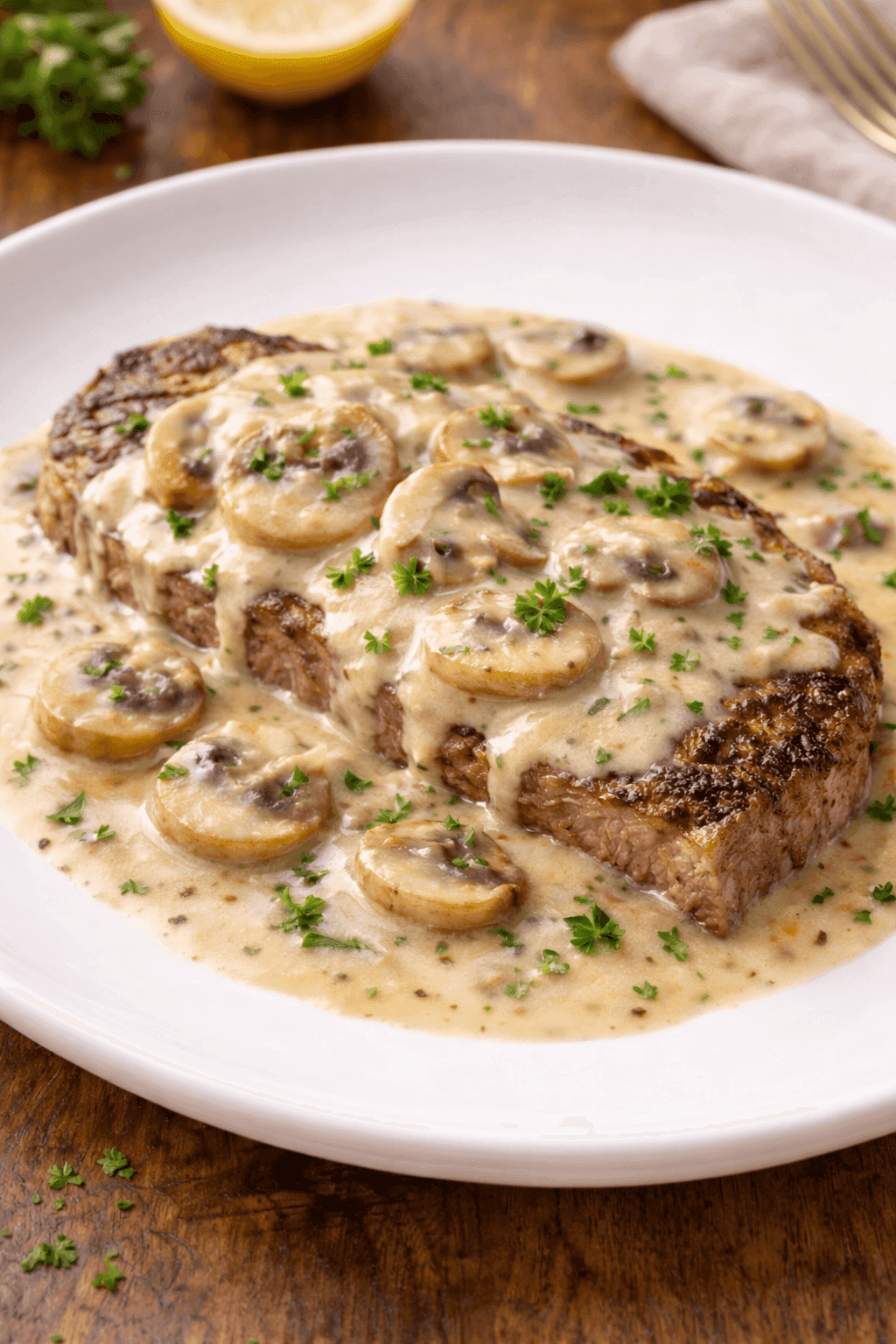 Grilled beef Steak with Creamy muhsroom wine sauce